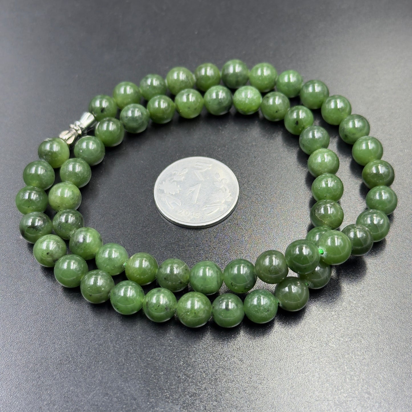 Certified Natural Nephrite Necklace 42.20g 7.50-8mm x 60 beads - 56cm Length - Full Green Grade AAA Untreated Nephrite Jade Jewelry
