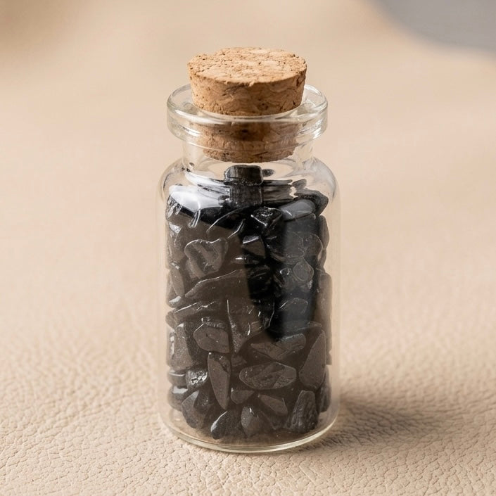 Black Tourmaline Chips in Glass Cork Bottle