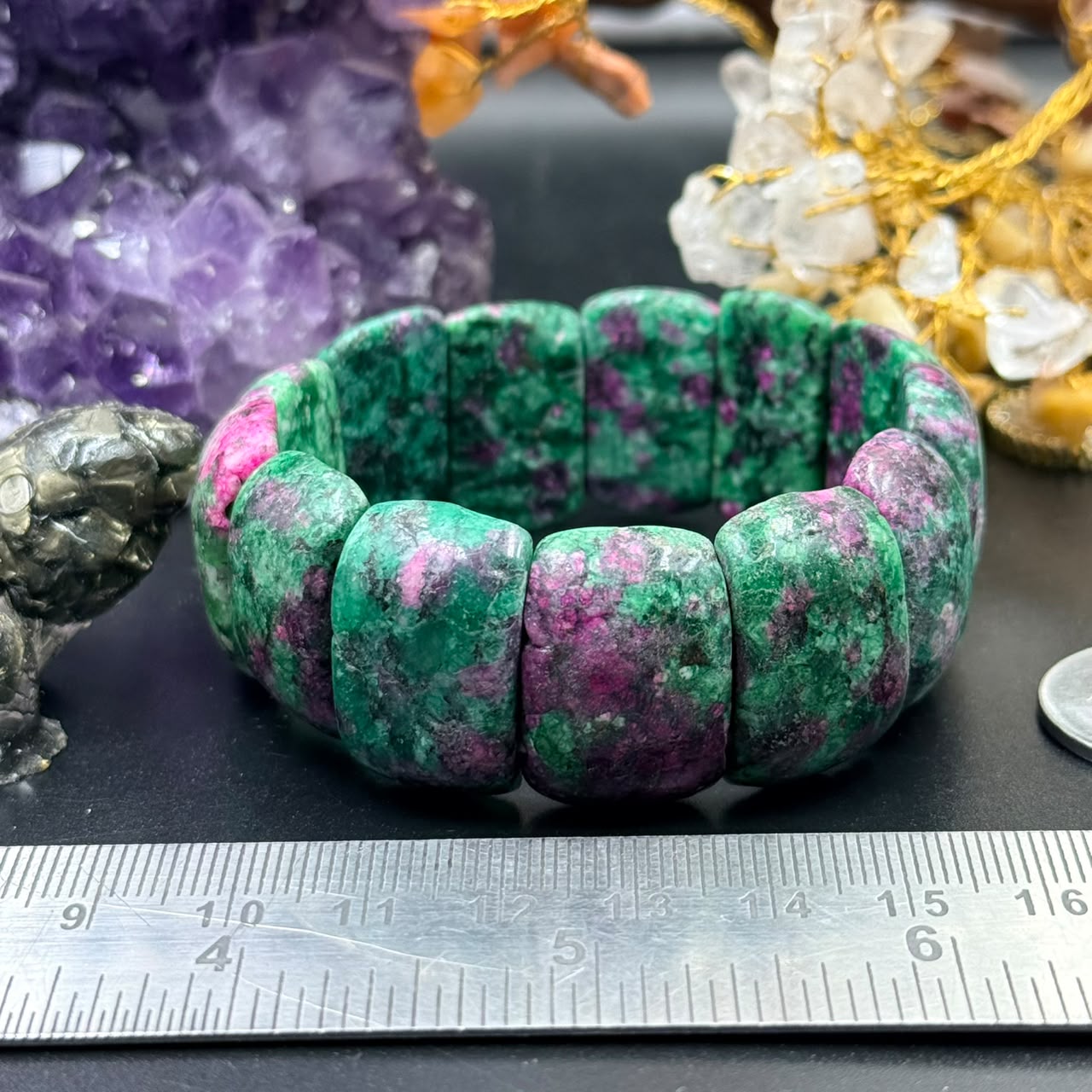 Ruby Zoisite Curved Rectangle Panel Bead Bracelet (Vitality & Balance)