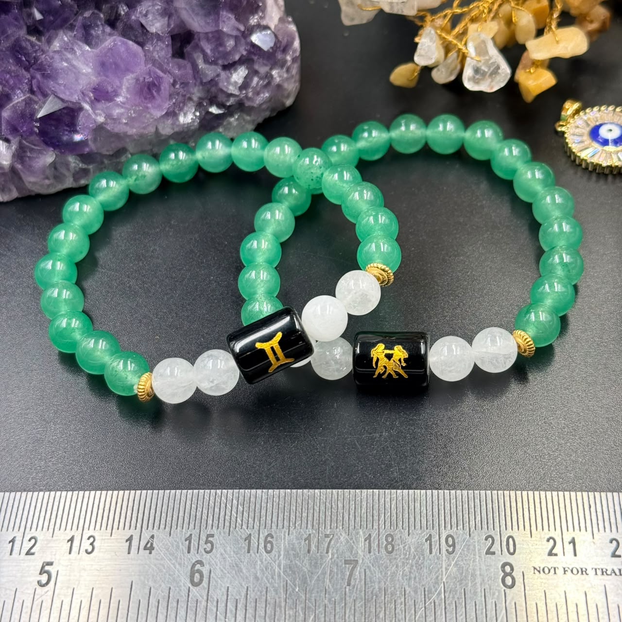 Gemini (Mithun) Zodiac Bracelet – Green Strawberry Quartz & Milky Quartz with Free Raw Selenite Plate