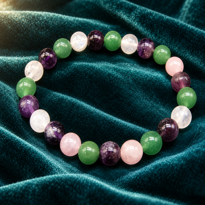 Love, Calm & Harmony Bracelet – Rose Quartz, Amethyst, Green Aventurine & Moonstone, 8mm with Lab Report | GemKrishna