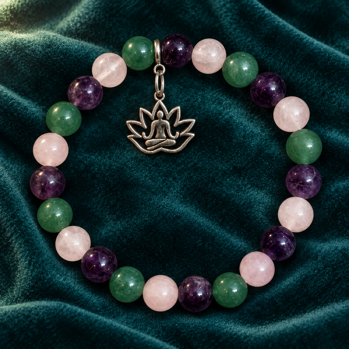 Love, Calm & Growth Buddha Lotus Charm Bracelet – Amethyst, Green Aventurine & Rose Quartz, 8mm with Lab Report | GemKrishna
