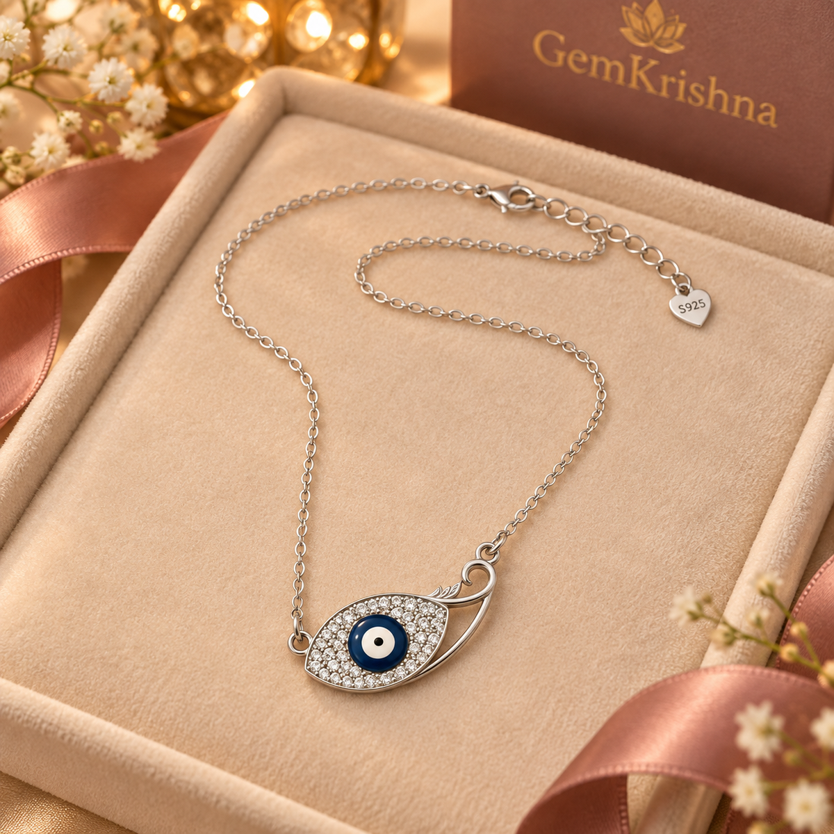 925 Sterling Silver Swirl Nazar Evil Eye Necklace, 2.574 g, for Women