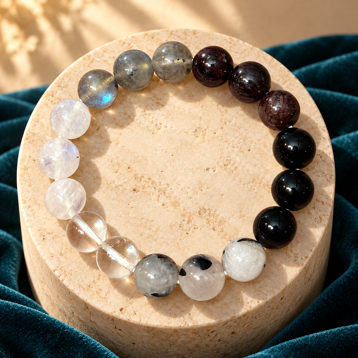 Confidence, Clarity & Balance Bracelet – Garnet, Labradorite, Black Rutilated Quartz, Clear Quartz & Moonstone, 10mm | GemKrishna