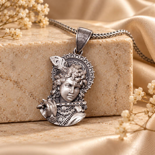 925 Silver Krishna Face Slim Pendant – 8 g (Love & Devotion)