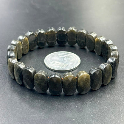 Natural Golden Sheen Obsidian Oval Flat Bead Bracelet (Protection and Confidence)