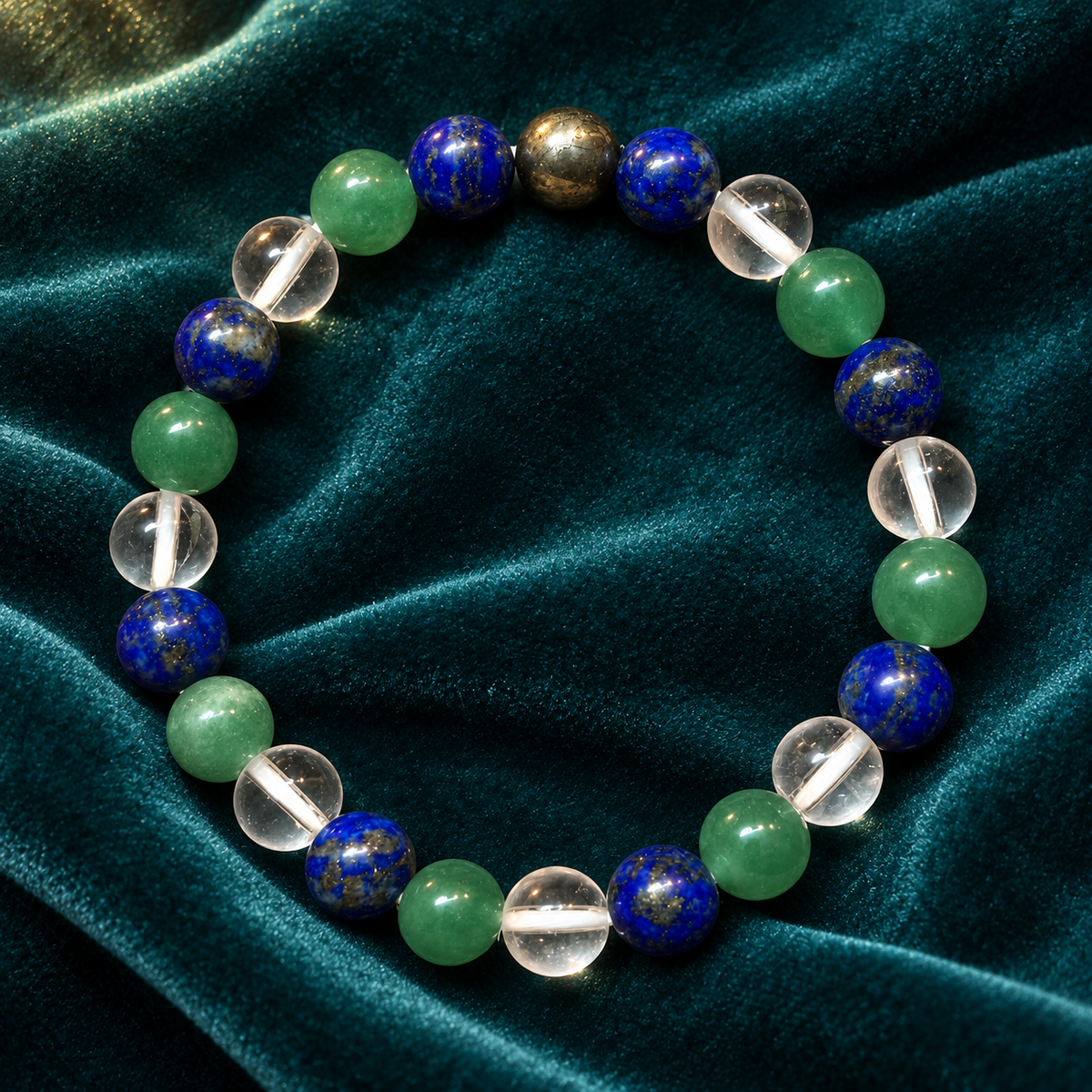 Wisdom, Clarity & Prosperity Bracelet – Lapis Lazuli, Pyrite, Clear Quartz & Green Aventurine, 8mm with Lab Report | GemKrishna