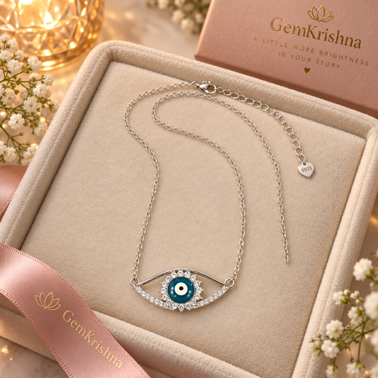 925 Sterling Silver Curved Nazar Evil Eye Necklace, 2.512 g, for Women