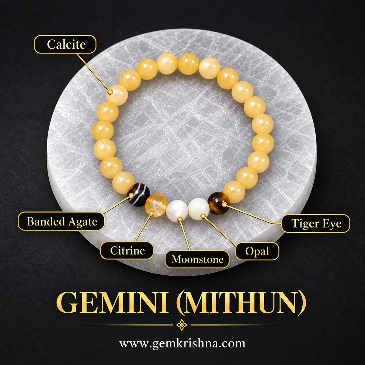 Gemini (Mithun) Zodiac Bracelet – 6 Natural Stones: Calcite, Banded Agate, Citrine, Moonstone, Opal & Tiger Eye