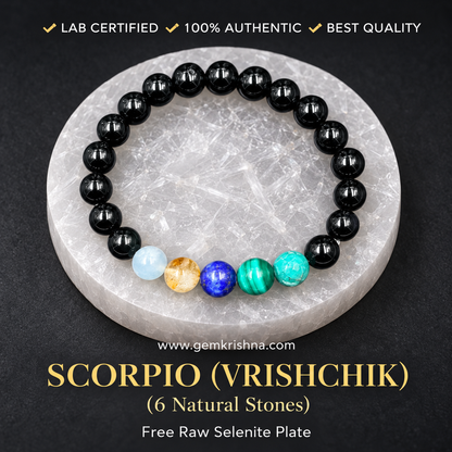 Scorpio (Vrishchik) Zodiac Bracelet – 6 Natural Stones: Black Onyx, Aquamarine, Citrine, Lapis Lazuli, Malachite & Turquoise