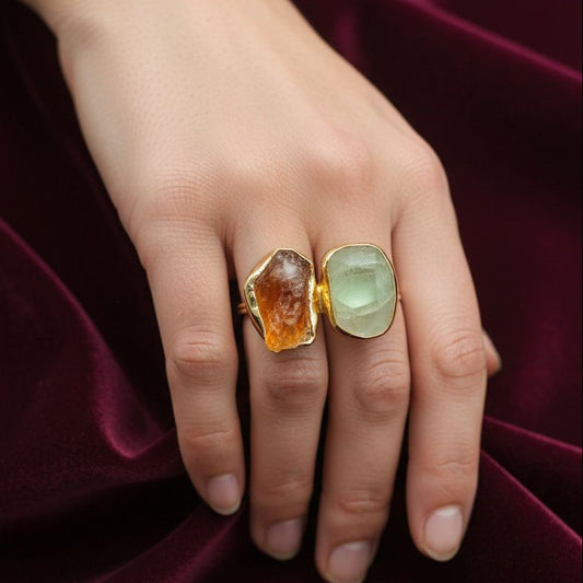 Natural Green Aventurine and Citrine Rough Metal Ring