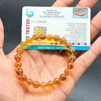 Amber Bracelet | 8.50–9.00mm Round Beads | 24 Beads | 8.129g | 16cm Elastic | Yellowish Brown | GJSPC Lab Certified | Positivity & Confidence