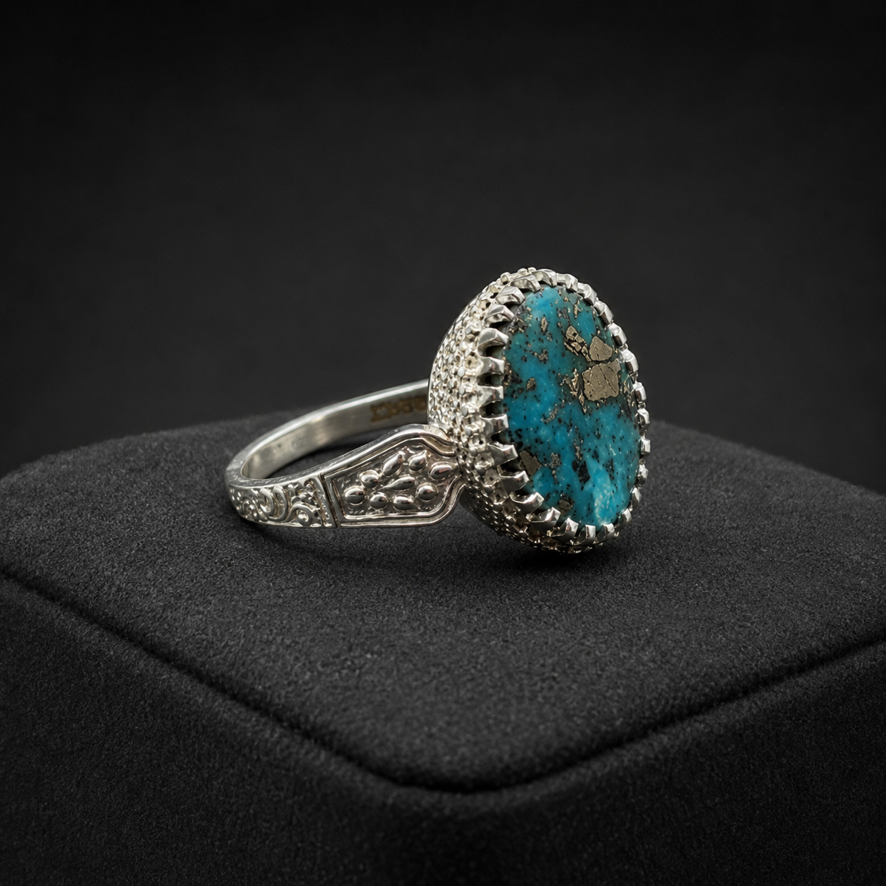 Oval Matrix Turquoise Filigree Ring (Protection & Communication)  (7.28 Gram)