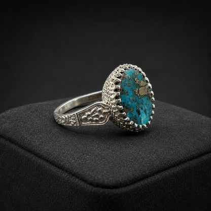 Oval Matrix Turquoise Filigree Ring (Protection & Communication)  (7.28 Gram)