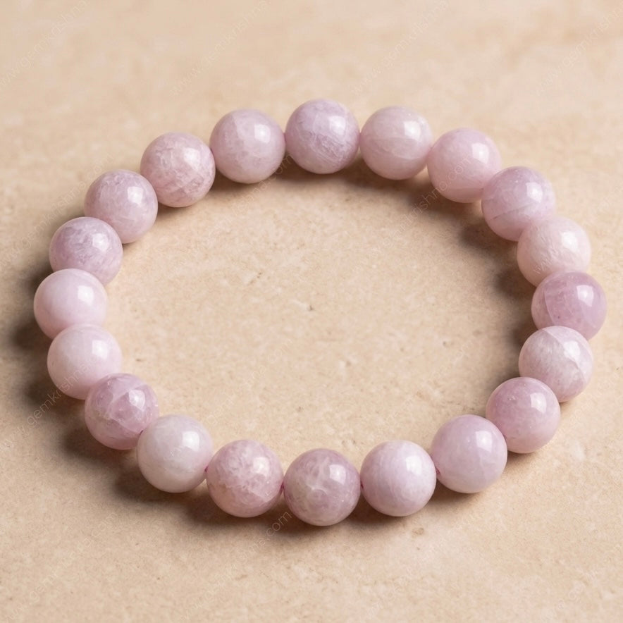 Elegant Natural Kunzite Bracelet with soft pink beads and glassy shine.
