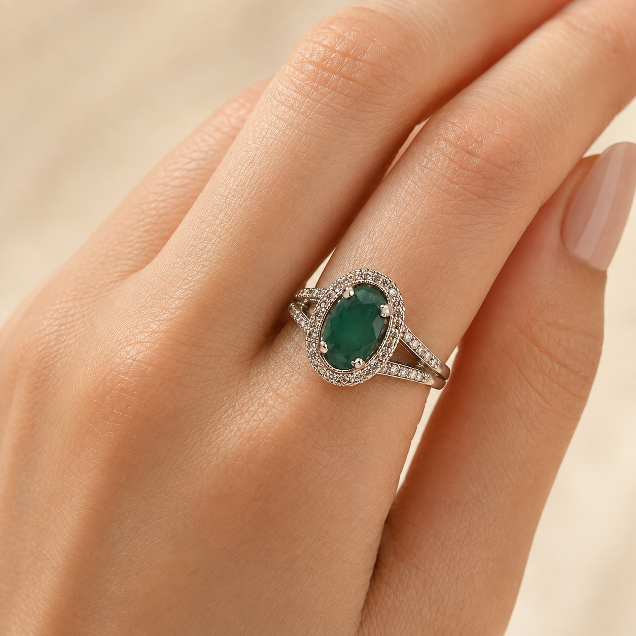 925 Silver Oval Emerald Panna Halo Ring