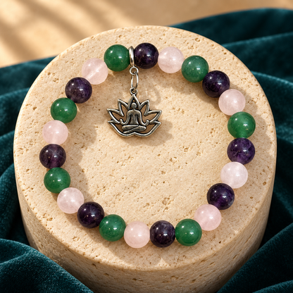 Love, Calm & Growth Buddha Lotus Charm Bracelet – Amethyst, Green Aventurine & Rose Quartz, 8mm with Lab Report | GemKrishna