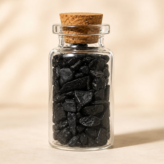 Black Tourmaline Chips in Glass Cork Bottle