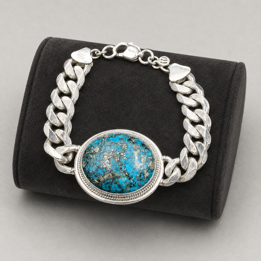 Unisex Turquoise 925 Sterling Silver Cuban Bracelet (Protection & Confidence) (55 Gram)