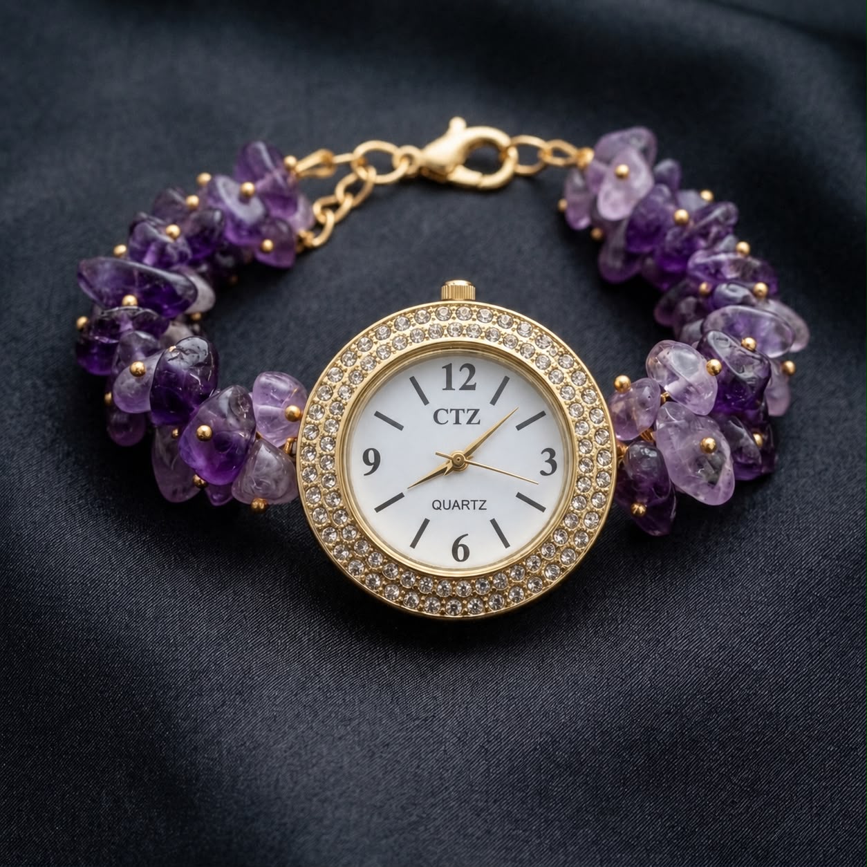 Natural Amethyst Wrist Watch With Physical Lab Certification Luxury Dial Finish and Quality.