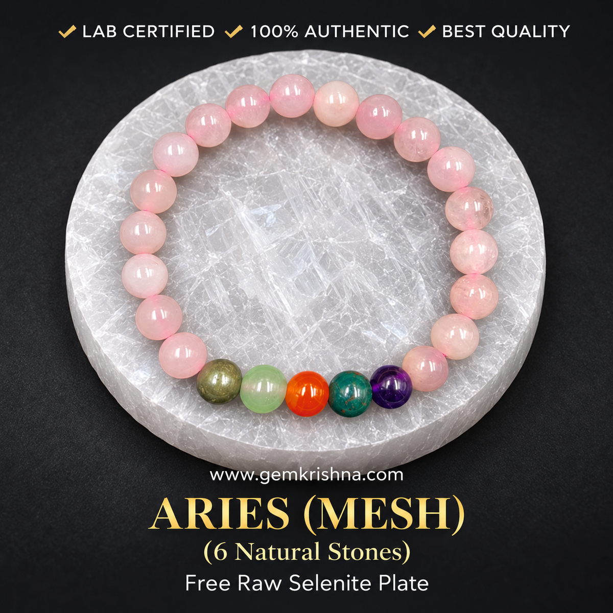 Aries (Mesh) Zodiac Bracelet – 6 Natural Stones: Rose Quartz, Pyrite, Green Aventurine, Carnelian, Bloodstone & Amethyst