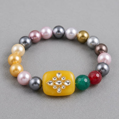 Yellow Kundan Rakhi with Centrepiece & Natural Gemstone Beads