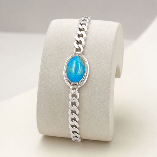 Unisex Turquoise 925 Sterling Silver Cuban Bracelet (Protection & Communication) (34.61 Gram)