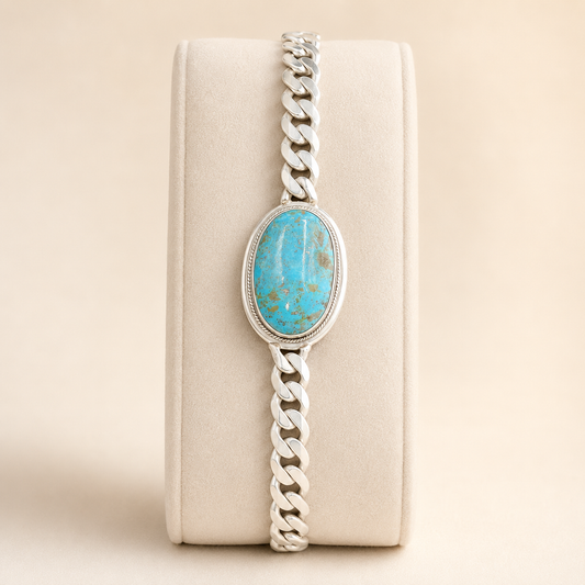 925 Silver Unisex Oval Turquoise Bracelet (Protection & Communication) (41.879 gram)