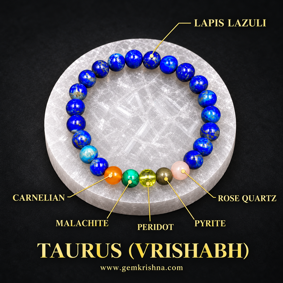 Taurus (Vrishabh) Zodiac Bracelet – 6 Natural Stones: Lapis Lazuli, Rose Quartz, Pyrite, Peridot, Malachite & Carnelian