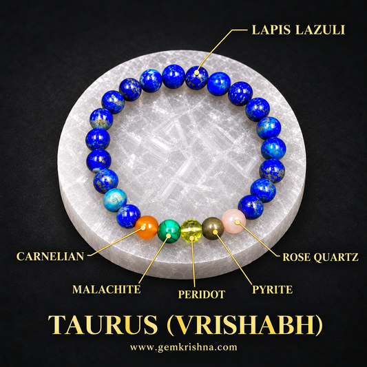 Taurus (Vrishabh) Zodiac Bracelet – 6 Natural Stones: Lapis Lazuli, Rose Quartz, Pyrite, Peridot, Malachite & Carnelian