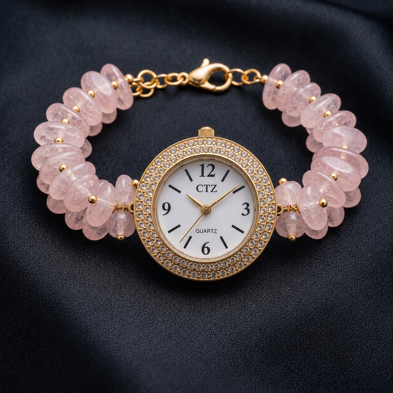 Natural Rose Quartz Wrist Watch With Physical Lab Certification Luxury Dial Finish and Quality.