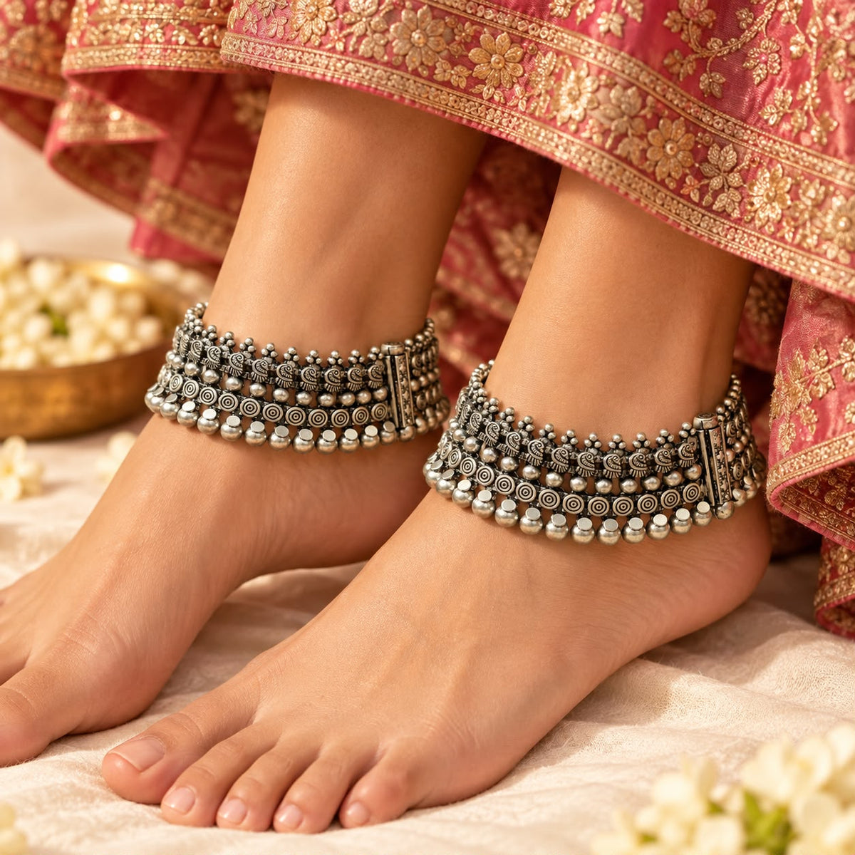 Antique Finish 925 Silver Payal with Ambi & Ghungroo Work — Pair