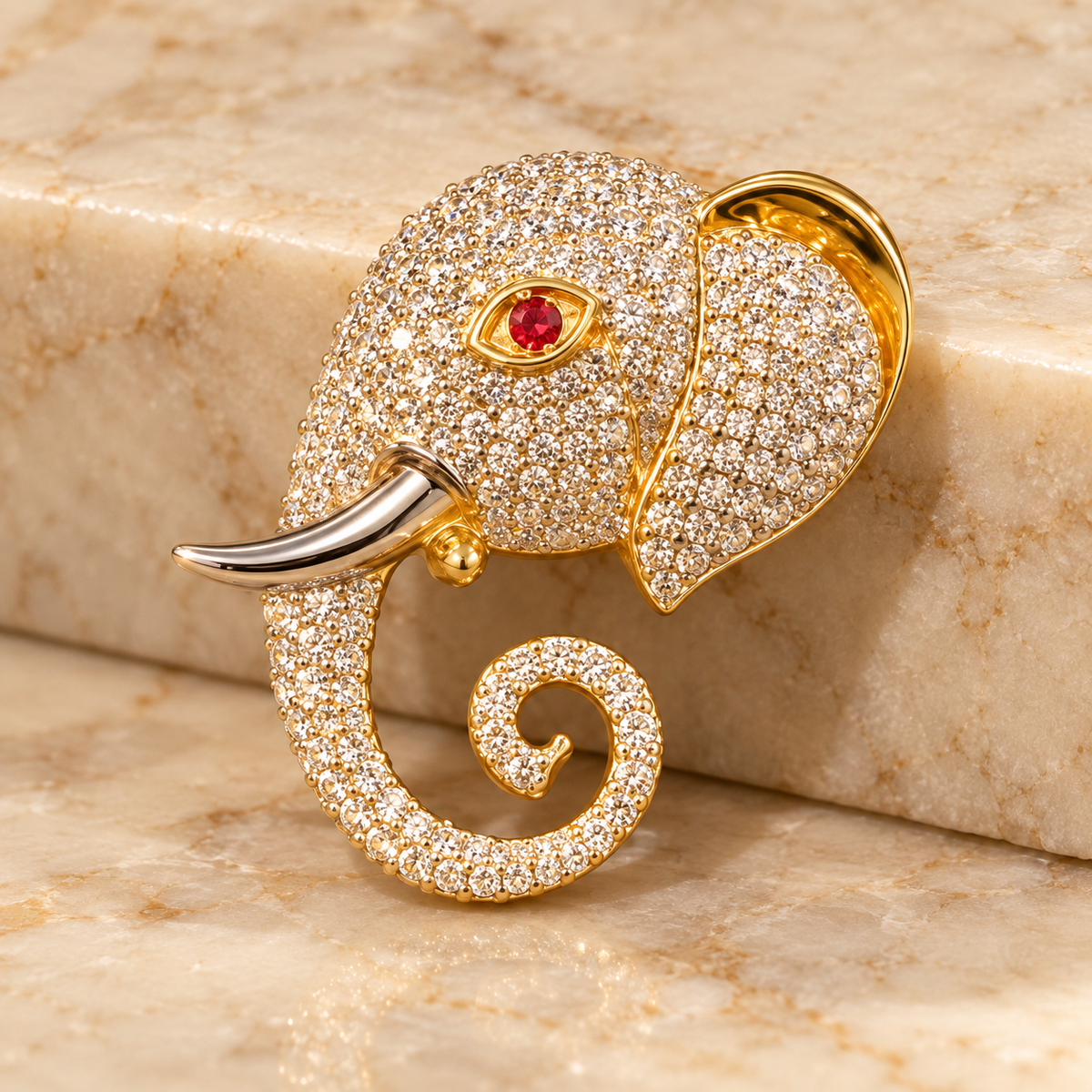 Moissanite Ganesh Ji Brooch –  Pure Gold-Plated 925 Silver with Red Stone Eye (7.52 Gram)