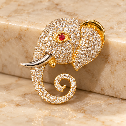 Moissanite Ganesh Ji Brooch –  Pure Gold-Plated 925 Silver with Red Stone Eye (7.52 Gram)