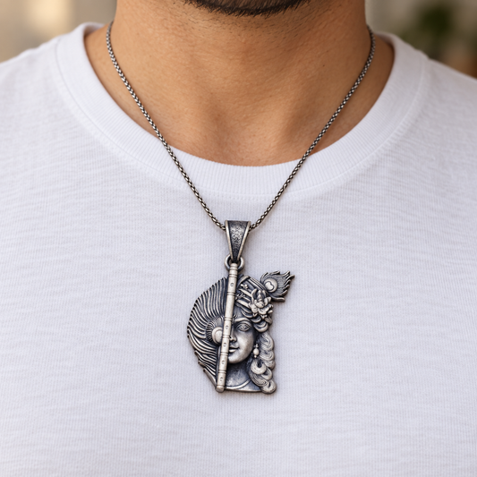 925 Silver Krishna Face with Feather Pendant – 10 g (Love & Devotion)