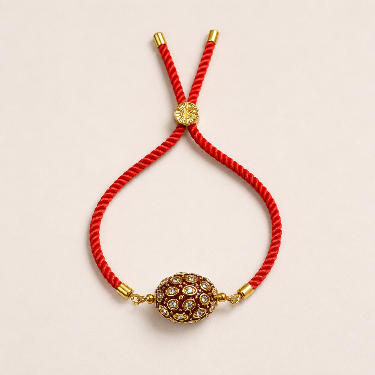 Red Kundan Rakhi for Brother with Gold-Tone Centrepiece and Adjustable Braided Thread