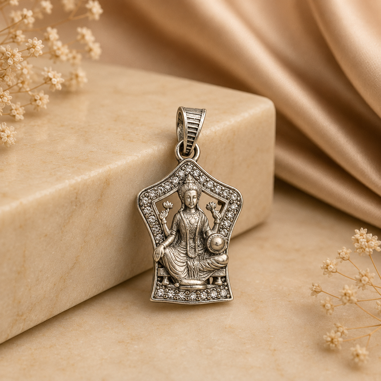 925 Silver Maa Lakshmi Lotus Temple Pendant with Clear Stone Frame (Prosperity & Abundance)