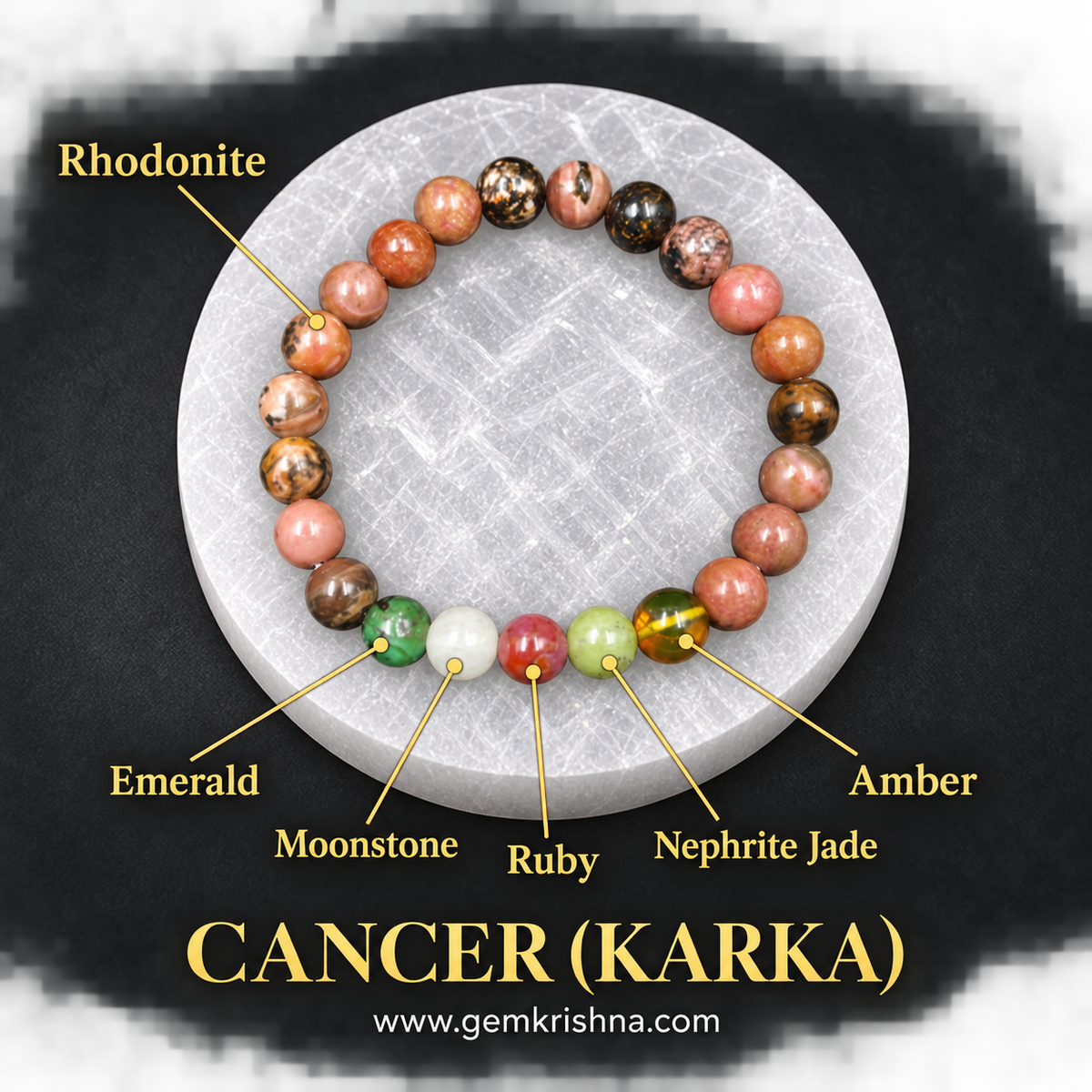 Cancer (Karka) Zodiac Bracelet – 6 Natural Stones: Rhodonite, Emerald, Moonstone, Ruby, Nephrite Jade & Amber