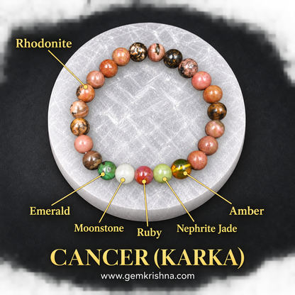 Cancer (Karka) Zodiac Bracelet – 6 Natural Stones: Rhodonite, Emerald, Moonstone, Ruby, Nephrite Jade & Amber