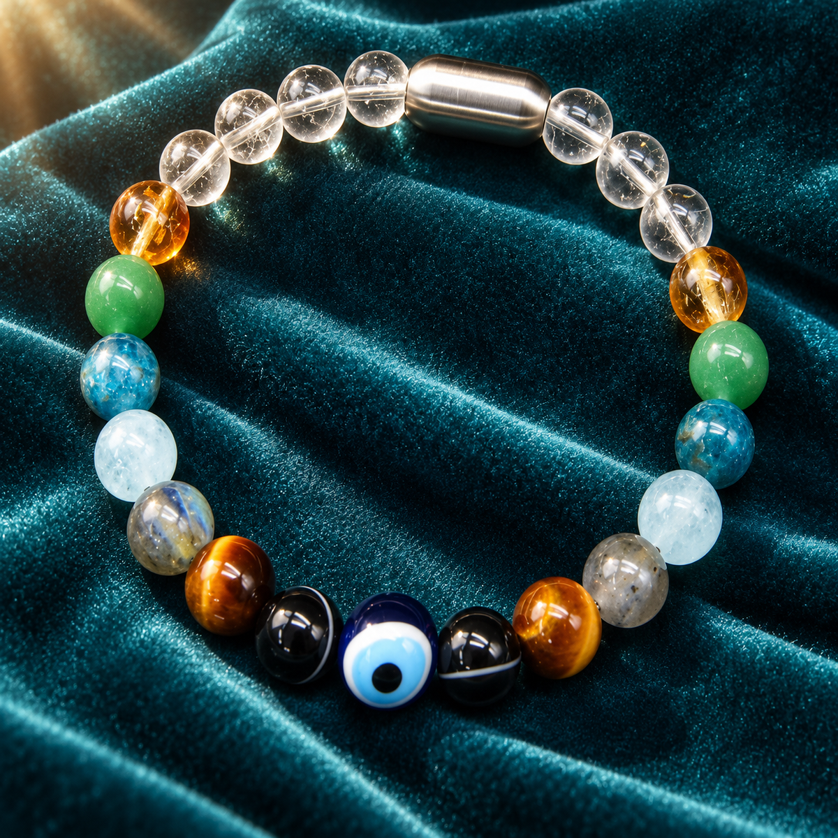 Confidence, Clarity & Growth Gemstone Bracelet – 8mm with Evil Eye, Silver GemSnap & GJSPC Lab Report | GemKrishna
