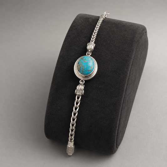 Unisex Oval Turquoise 925 Sterling Silver Bracelet (Protection & Communication) (54 Gram)
