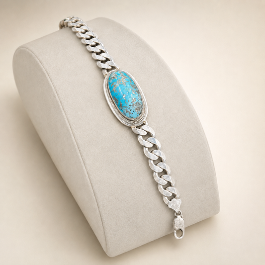 Unisex Turquoise 925 Sterling Silver Cuban Chain Bracelet (Protection & Confidence) (56 Gram))