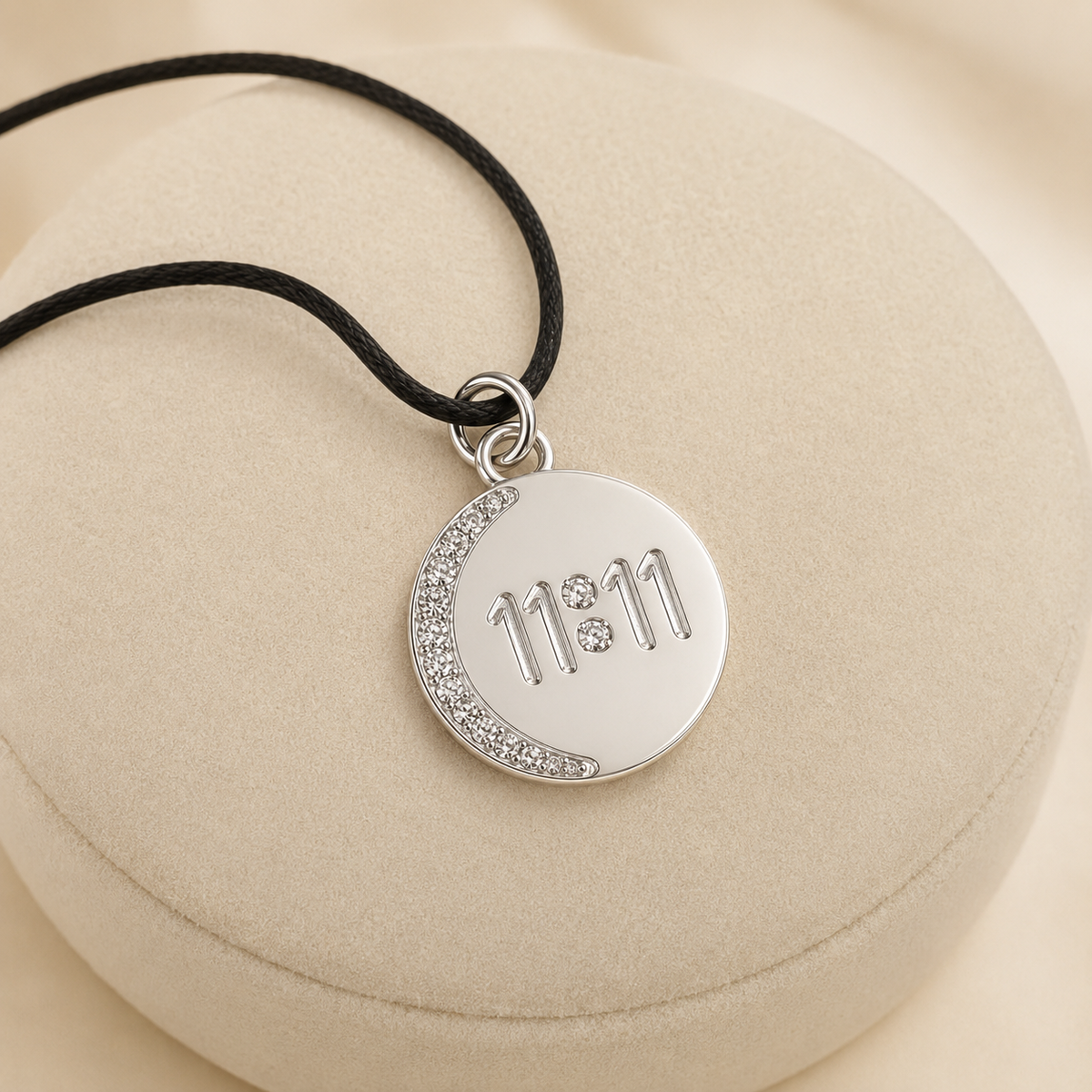 925 silver 11:11 angel number pendant with black cord and crystal-studded crescent edge