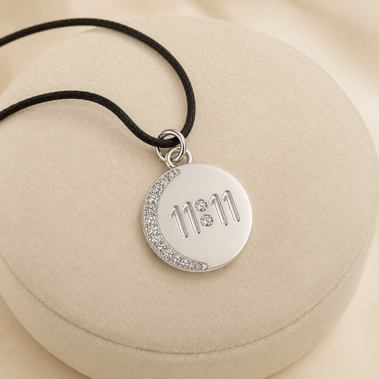 925 silver 11:11 angel number pendant with black cord and crystal-studded crescent edge