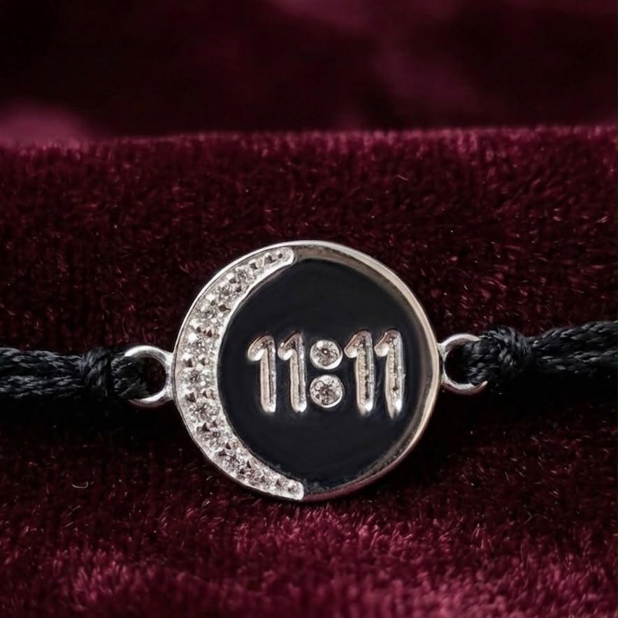 Silver 11:11 angel number rakhi bracelet with black enamel and rhinestone border