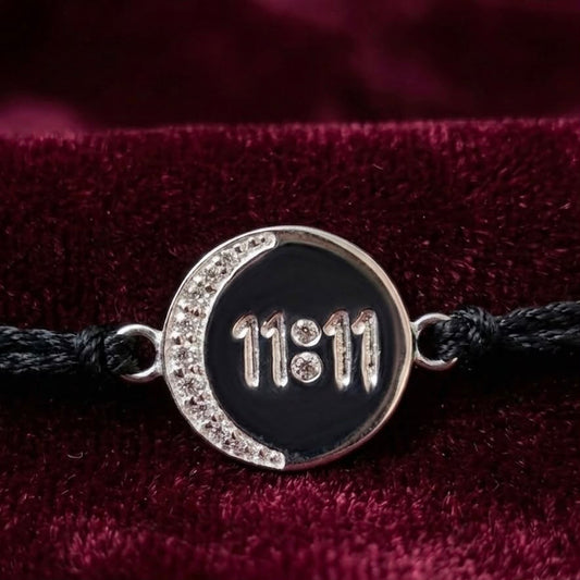 Silver 11:11 angel number rakhi bracelet with black enamel and rhinestone border