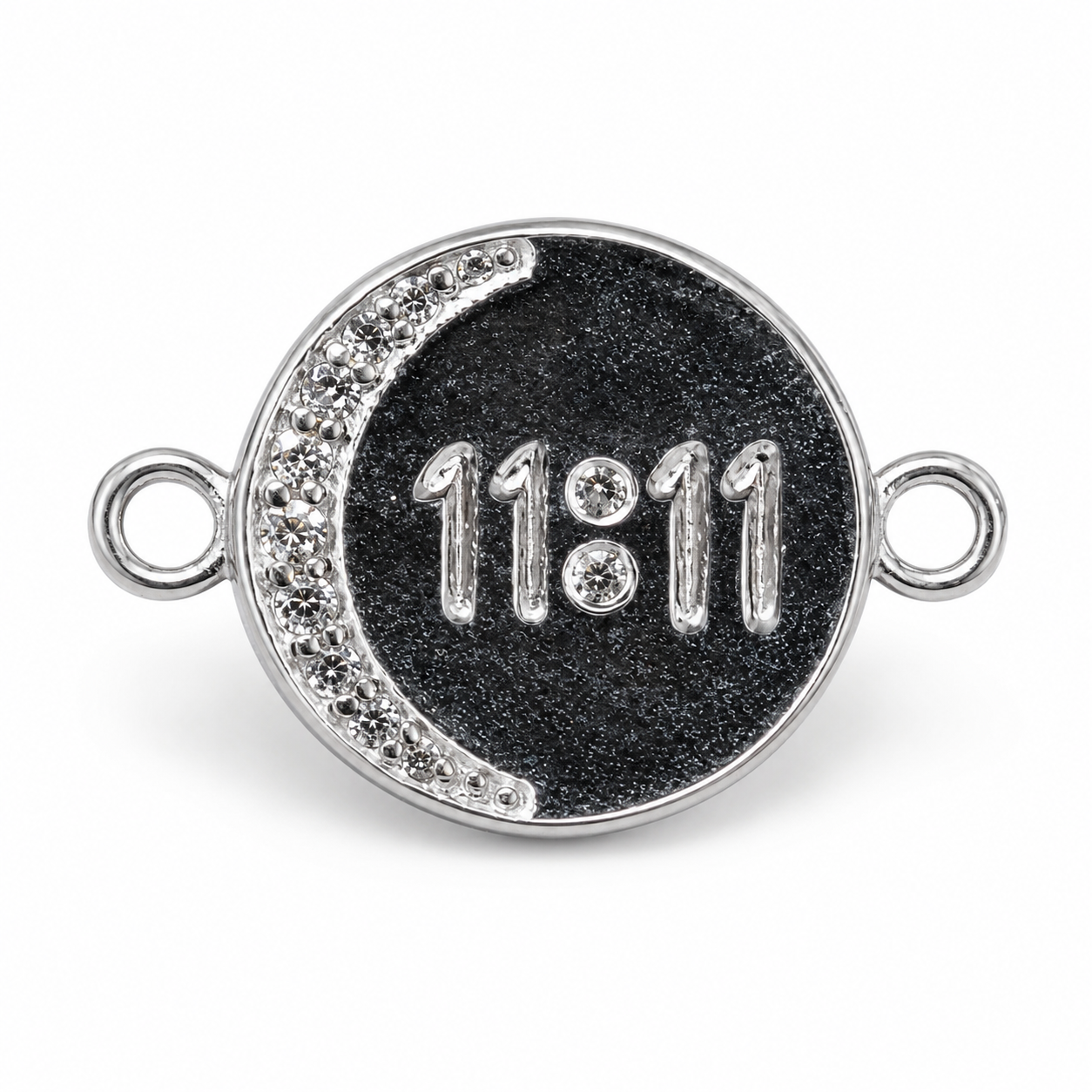 Silver 11:11 angel number rakhi pendant-style charm with black enamel and rhinestone edge
