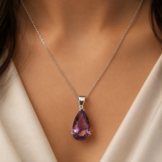 925 silver pear-cut amethyst pendant necklace on a model wearing a silver chain