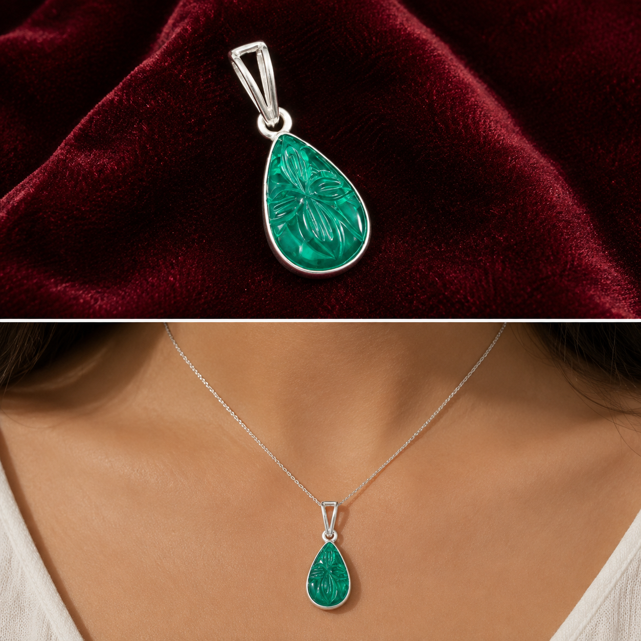 925 silver teardrop green onyx pendant with carved floral design on a silver chain