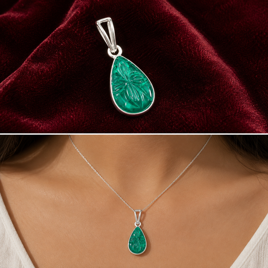 925 silver teardrop green onyx pendant with carved floral design on a silver chain